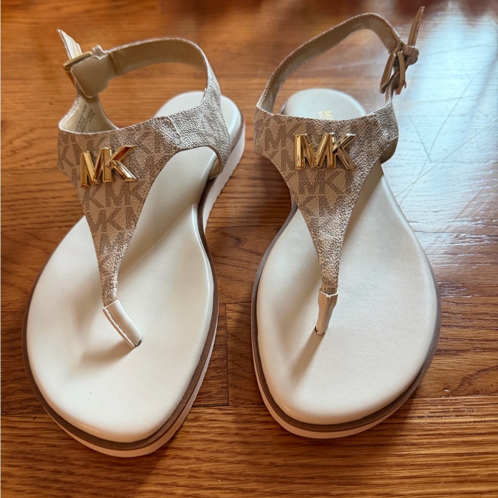 Michael Kors Tan and Gold Logo Sandals